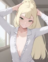 ai_generated blonde_female flat_chest focus_on_chest lillie_(pokemon) pokemon pokemon_sm sexy_body unbuttoned_shirt