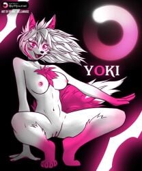 anthro claws crouching cute_fangs digital_media_(artwork) fangs female fluffy genitals hair hi_res nipples paws pennymouse pink_body pink_eyes pink_nipples pussy slim solo tail teeth white_body white_claws white_hair yoki_j_(yj)