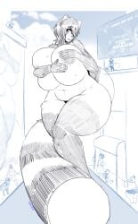 absurd_res ailurid anthro anuki beck_love big_breasts billboard breasts covering covering_breasts covering_self gozer_mocha hi_res holding_breast huge_breasts macro_anthro mammal multiple_characters nervous peeking_areola red_panda thick_thighs wide_hips