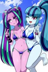 2girls aria_blaze barefoot big_breasts bikini blue_bikini blue_hair blue_skin breasts danmakuman duo duo_female equestria_girls feet female friendship_is_magic hasbro medium_breasts my_little_pony nekojackun peace_sign pink_eyes ponytail purple_eyes purple_hair purple_skin sonata_dusk twintails wink