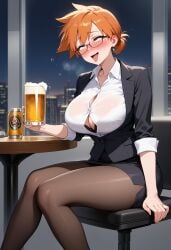 ahe_gao ai_generated alcohol bangs beer beer_mug bespectacled black_bra black_clothes black_jacket black_legwear black_pantyhose black_skirt blue_eyes blush bra bra_visible_through_clothes breasts brown_pantyhose business_suit button_gap chair cleavage clothing collared_shirt crossed_legs cup dress_shirt drink drinking_glass drunk earrings eyewear female female female_only formal glasses holding holding_cup huge_breasts indoors jacket jewelry kasumi_(pokemon) kasumi_(pokemon) large_breasts legwear long_sleeves looking_at_viewer miniskirt mug night night_sky office office_chair office_lady open_clothes open_mouth orange_hair pantyhose pencil_skirt pokemon pokemon_(game) pokemon_character ponytail see-through shirt short_hair sitting skirt sky smile solo suit sweat table thick_thighs thighs tied_hair tongue tongue_out underwear white_shirt