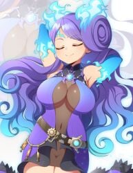 absurdres arms_behind_head blue_fire breasts brighid_(xenoblade) center_opening chest_jewel cleavage closed_eyes cowboy_shot crotch dress elbow_gloves female fiery_hair fire gloves highres incestuous_temptation large_breasts long_hair milf navel nintendo no_bra no_panties no_underwear purple_gloves purple_hair see-through_clothes see-through_dress smile solo totallyiryanic xenoblade_chronicles_(series) xenoblade_chronicles_2