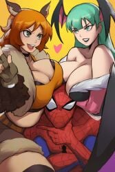 1boy 2girls animal_ears aqua_hair bare_shoulders big_breasts black_lips bra bra_peek breast_rest breasts breasts_on_head brown_hair brown_jacket brown_shorts crop_top cropped_jacket crossover darkstalkers fingerless_gloves funi_xd fur_trim girl_sandwich gloves green_eyes green_hair head_wings heart highres huge_breasts jacket large_breasts marvel marvel_rivals marvel_vs._capcom mask morrigan_aensland multiple_girls pantyhose sandwiched short_shorts shorts spider-man spider-man_(series) spider_web_print squirrel_ears squirrel_girl_(marvel) squirrel_girl_(marvel_rivals) teeth thighhighs thinking unaligned_breasts underwear upper_teeth_only wings