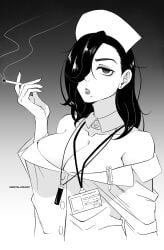 black_hair breasts cigarette cleavage coat collar dandadan earrings female female_focus fingernails hat jewelry joo_(dandadan) kristallion large_breasts lipstick long_fingernails long_hair makeup messy_hair mole monochrome name_tag nurse nurse_cap pencil queen_sensei school_nurse simple_background smoking solo solo_focus tired_eyes