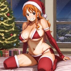 1girls ai_generated christmas christmas_bikini christmas_outfit female female_only karubi11291129 nami nami_(one_piece) one_piece santa_hat solo