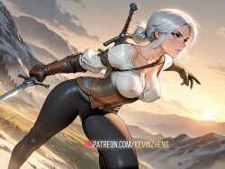 ai_generated big_breasts breasts cameltoe ciri clothing female green_eyes kevin_zheng light-skinned_female mascara nipples_visible_through_clothing scar solo sword the_witcher_(series) the_witcher_3:_wild_hunt white_hair