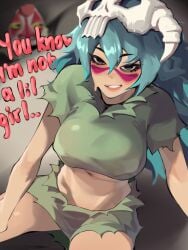 1girls arrancar big_breasts bleach bleach:_the_thousand-year_blood_war blue_hair breasts english_text female female_focus fit fit_female huge_breasts long_hair miniskirt nelliel_tu_odelschwanck sexually_suggestive skull smile solo solo_female solo_focus sunrighto sweat sweatdrop thick_thighs thighs torn_clothes torn_clothing