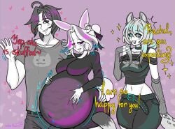 1boy 1boy2girls 2girls ;) after_sex ass_grab belly belly_bulge belly_button belt big_ass big_breasts black_hair blush breasts bunny bunny_ears bunny_girl bunny_tail cat_ears cat_tail clothed collar color comic comic_page cum cum_in_pussy cum_in_uterus cum_inflated_belly cum_inside cum_plugged cumflated cumflated_belly cumflation cuminflation cyan_eyes ears_up english_text female filled_belly huge_ass huge_breasts impregnation inflation lips looking_at_another looking_down male monochrome not_pregnant_just_cumflated piercing pink_eyes plugged_cervix rabbit rachel_(velvetbunn) ribbon sammy_scratch_(anonjustanon) smile stealth_sex t-shirt text turtleneck velvetbunn white_eyes wink winking x-ray ych