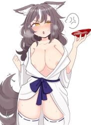 1girls animal_ears areolae blush breasts brown_hair chisaka_airi clothed clothing dish drunk female female_only huge_breasts japanese_clothes maya_(mayaowo) no_bra nose_blush phase_alias phase_connect sake_dish simple_background sweat tail two_tone_hair wagging_tail white_background white_hair wolf_ears wolf_girl wolf_tail yellow_eyes