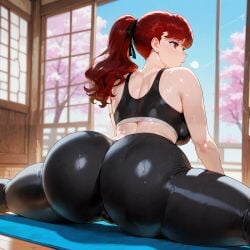 1girls absurd_res ai_generated alternate_ass_size ass_focus atlus bangs bare_shoulders big_ass blue_sky blurry blurry_background cherry_blossoms comfyui depth_of_field east_asian_architecture gym_clothes heavy_breathing highres huge_ass indoors kasumi_yoshizawa large_ass leggings long_hair looking_at_another looking_back mature_female milf narrow_waist persona persona_5 persona_5_royal ponytail red_hair shiny_skin skindentation solo splits sports_bra spread_legs stable_diffusion stretching sumire_yoshizawa sweat thighs video_games window wooden_floor workout_clothes xenomon yoga_mat