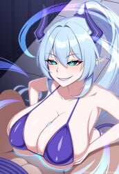 1boy 1girls assertive_female bikini bikini_top blue_eyes blue_hair demon_girl demon_horns demon_tail draining draining_energy draining_life-force draining_vitality glowing_eyes large_breasts original paid_reward_available paizuri paizuri_under_clothes ponytail shimmerhex