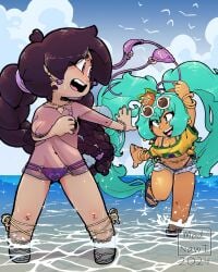 1girls 2024 2girls beach blue_eyes blue_hair blush bra bra_removed bracelet bracelets brazilian_miku breasts breasts_out brown_nipples cajeta_(madnawt) cleavage clothing covered_breasts earrings embarrassed female female_only flip_flops flower flower_in_hair hatsune_miku long_hair madnawt navel necklace nipples open_mouth original_character panties ponytail purple_eyes purple_hair sandals shoes shorts stolen_bikini stolen_clothes stolen_swimsuit sunglasses sunglasses_on_head thighhighs transparent_clothing twintails very_long_hair vocaloid wardrobe_malfunction water