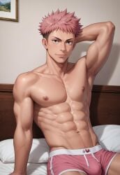 1boy abs ai_generated arm_behind_head armpits boxer_briefs brown_eyes bsky_link bulge civitai dvxxxgrai indoors itadori_yuuji jujutsu_kaisen male male_focus male_only male_underwear nipples nude nude_male on_bed pink_hair pink_male_underwear pink_underwear pony_diffusion_xl smile solo solo_focus solo_male tagme toned toned_body toned_male twitter_link undercut underwear