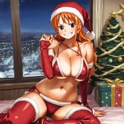 1girls ai_generated christmas christmas_bikini christmas_outfit female female_only karubi11291129 nami nami_(one_piece) one_piece santa_hat solo