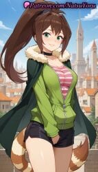 1girls ai_generated anime anime_style bangs black_choker black_shorts blue_sky blush breasts brown_hair building bust busty cape choker cleavage collarbone cowboy_shot day female female_focus female_only fur fur-trimmed_cape fur_trim green_cape green_eyes green_jacket grin hair_intakes hentai high_ponytail jacket kono_subarashii_sekai_ni_shukufuku_wo! large_breasts long_hair long_sleeves looking_at_viewer medium_breasts natsuyoru outdoors parted_lips partially_unzipped pink_shirt ponytail raccoon_tail rin_(konosuba) shirt short_shorts shorts sky smile solo solo_female standing striped striped_clothes striped_shirt striped_tail tail thighs voluptuous voluptuous_female zipper zipper_pull_tab