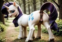 ai_generated anatomically_correct anatomically_correct_anus anatomically_correct_genitalia anatomically_correct_pussy animal_genitalia animal_pussy anus ass blue_eyes cutie_mark equid equine friendship_is_magic hasbro horn horse my_little_pony pony purple_hair rarity_(mlp) unicorn white_body white_fur