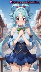 1girls ai_generated anime anime_style aqua_(konosuba) aqua_hair bangs bare_shoulders blue_eyes blue_hair blue_shirt blue_skirt blue_sky blush bow bowtie breasts building bust busty caucasian closed_mouth cloud corset cowboy_shot day detached_sleeves earrings female female_focus female_only female_solo gem green_bow green_bowtie hair_beads hair_bobbles hair_ornament hair_rings hands_on_own_chest hands_up heart hentai jewelry kono_subarashii_sekai_ni_shukufuku_wo! large_breasts long_hair long_sleeves looking_at_viewer miniskirt natsuyoru non-asian outdoors own_hands_together parted_bangs pleated_skirt railing shirt single_hair_ring skindentation skirt sky sleeveless sleeveless_shirt smile solo solo_female standing thighhighs thighs twintails very_long_hair voluptuous voluptuous_female white_shirt white_thighhighs zettai_ryouiki