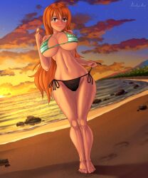 1girls barefoot beach big_breasts big_breasts bikini bikini_bottom bikini_bottom_only bikini_only bikini_top bikini_top_only breasts breasts feet female female_only female_solo long_hair nami_(one_piece) one_piece orange_eyes orange_hair rocky-ace solo solo_female solo_only tagme