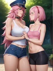 ai_generated breasts_size_difference crop_top denim_shorts hentarttt large_breasts looking_at_another milf naruto naruto_(series) naruto_shippuden pink_hair poison_(final_fight) sakura_haruno size_difference small_breasts