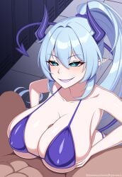 1boy 1girls assertive_female bikini bikini_top blue_eyes blue_hair demon_girl demon_horns demon_tail large_breasts original paid_reward_available paizuri paizuri_under_clothes ponytail shimmerhex