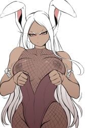 angry boku_no_hero_academia breasts clothes_pull dark-skinned_female dark_skin female fishnets highres kristallion large_breasts leotard long_eyelashes long_hair looking_down mesh mirko nipples rabbit_ears rabbit_girl red_eyes solo solo_focus squeezing white_hair