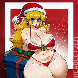 ai_generated big_ass big_breasts bikini christmas christmas_outfit curvy headletzer mario_(series) princess_peach santa_hat simple_background tagme wide_hips