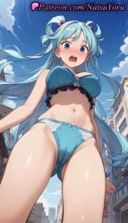 1girls ai_generated anime anime_style aqua_(konosuba) aqua_panties asian ass_visible_through_thighs bangs bare_arms bare_shoulders bikini blue_bra blue_eyes blue_hair blue_panties blue_sky blush bow bow_bra bow_panties bra breasts building bust busty cameltoe city cloud covered_nipples cowboy_shot day exhibitionism female female_focus female_only floating_hair frills from_below gem giant giantess hair_bobbles hair_ornament hair_rings huge_breasts kono_subarashii_sekai_ni_shukufuku_wo! large_breasts legs long_hair looking_at_viewer looking_down medium_breasts natsuyoru navel nose_blush open_mouth outdoors panties public_indecency shiny sky solo solo_female standing stomach swimsuit thick_thighs thighs underwear underwear_only very_long_hair voluptuous voluptuous_female wig