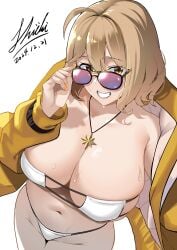 1girls absurdres adjusting_eyewear ahoge anis_(nikke) anis_(sparkling_summer)_(nikke) aviator_sunglasses bare_shoulders big_breasts bikini breasts brown_hair cleavage collarbone eyepatch_bikini female goddess_of_victory:_nikke grin highres jacket jewelry large_breasts long_sleeves looking_at_viewer looking_over_eyewear looking_over_sunglasses navel necklace pink-tinted_eyewear shiki_(love-saber) smile solo star_(symbol) star_necklace sunglasses swimsuit tinted_eyewear white_bikini yellow_eyes yellow_jacket