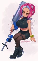 1girls agent_8_(octo_expansion) agent_8_(splatoon) artist_name big_breasts black_footwear black_pantyhose black_skirt bracelet breasts busty crop_top e-liter e-liter_4k huge_breasts jinkoika large_breasts looking_at_viewer nintendo octoling octoling_girl pantyhose pink_hair short_hair sitting skirt splatoon splatoon_2 splatoon_2:_octo_expansion tentacle_hair thick_thighs wide_hips