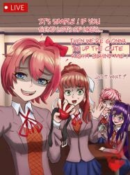 4girls ball_gag collar doki_doki_literature_club female female_only gag livestream monika_(doki_doki_literature_club) natsuki_(doki_doki_literature_club) sayori_(doki_doki_literature_club) tagme tape vocaloid13_(artist) yuri_(doki_doki_literature_club)