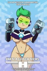 1girls areolae armor big_breasts breasts female female_only glitch_techs green_hair gun looking_at_viewer mostly_nude netflix nickelodeon nipples no_bra panties pistol planz34 png poster raised_eyebrow recruitment_poster simi_(glitch_techs) solo spanish spanish_text text thick_thighs tinted_eyewear visor wide_hips