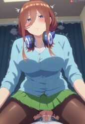 1boy 1girls ai_generated airiakane bare_thighs big_penis blue_eyes blush brown_hair cowgirl_position cum cum_inside embarrassed gigantic_breasts go-toubun_no_hanayome headphones huge_breasts huge_cock huge_thighs light-skinned_female light-skinned_male light_skin long_hair looking_down massive_breasts nai_diffusion nakano_miku penis ripped_stockings sex squatting stockings sweat sweatdrop thick_body thick_female thick_thighs thighhighs thighs vaginal_penetration veiny_penis voluptuous voluptuous_female