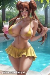 1female 1girls ai_generated alternate_version_available areolae areolae_slip belly belly_button big_areola big_areolae big_breasts bikini bikini_top blue_eyes blush bracelet brown_hair clothed clothed_female clothing day daylight daytime female female_only hair_bun hair_buns holding_drink holding_drinking_glass huge_breasts klexyai long_hair looking_at_viewer open_mouth outdoors outside patreon patreon_username pokemon pokemon_trainer pool poolside rosa_(pokemon) sfw sfw_version shiny shiny_skin short_skirt skirt solo solo_female space_buns thick_thighs twintails