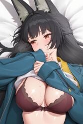 1girls ai_generated animal_ears animal_humanoid anthro black_hair blush bra breasts busty cleavage fox_ears fox_girl hoshimi_miyabi large_breasts red_eyes shirt_lift shy solo thiren zenless_zone_zero