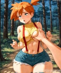 1boy ai_generated asymmetrical_hair bangs bare_arms bare_shoulders blue_eyes blush breast_grab breasts clothing crop_top cutoffs day denim denim_shorts female female forest gen_1_pokemon grabbing groping gym_leader hands_up huge_breasts jousneystudio kasumi_(pokemon) large_breasts looking_at_viewer male midriff nature navel nipples open_mouth orange_hair outdoors pokemon pokemon_(anime) pokemon_(classic_anime) pokemon_(game) pokemon_character pokemon_red_green_blue_&_yellow pokemon_species ponytail shiny_hair shiny_skin shirt short_hair short_shorts shorts side_ponytail skindentation sleeveless sleeveless_shirt solo solo_focus standing straight suspender_shorts suspenders sweat tank_top thick_thighs thighhighs thighs tied_hair torn_clothes tree w_arms wide_hips yellow_shirt