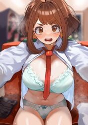 1girls absurdres aqua_bow big_breasts blurry blurry_background blush boku_no_hero_academia bow bow_panties bra breasts brown_eyes brown_hair collared_shirt commentary_request female highres indoors large_breasts looking_at_viewer my_hero_academia navel necktie ochako_uraraka open_clothes open_mouth open_shirt panties red_necktie shirt short_hair skirt solo underwear unworn_skirt white_bra white_panties white_shirt zd_(pixiv6210083)