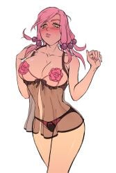 bare_shoulders blush breasts breasts_out green_eyes hand_on_own_shoulder highres hirose_yasuho jojo_no_kimyou_na_bouken jojolion kristallion lingerie lipstick looking_down makeup nail_polish pink_hair pink_lips pink_nails ponytail underwear