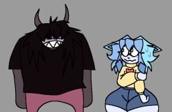 2026 2boys 2d 2d_(artwork) 2d_artwork bigger_male clothed clothing eeveelution femboy freckles glaceon glacier_wynterson gremlingrounded heart holding_arm horns male male_only oc original_character pokemon pokemon_(species) purple_eyes sharp_teeth shorts simple_background smaller_male sweat sweater t-shirt thick_thighs uncomfortable