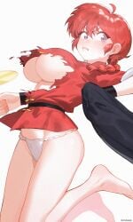 barefoot blue_eyes braid breasts chilakkk female fundoshi grey_background highres japanese_clothes looking_at_viewer ranma-chan ranma_1/2 red_hair red_shirt shirt simple_background solo thighs torn_clothes torn_shirt twitter_username underboob