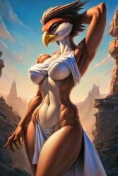 abs ai_generated anthro aphrodite athletic athletic_anthro athletic_female avian beak bird birdovo bottomwear breasts clothed clothing falcon falconid feathers female loincloth navel partially_clothed solo standing underwear yellow_beak