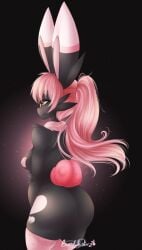 alternate_species anthro ass big_butt black_body breasts bunny_(oc) bunnywhiskerz clothing digital_media_(artwork) female generation_8_pokemon hair heart_symbol hi_res lagomorph legwear mammal mostly_nude nintendo nipple_outline pasties pink_hair pokemon pokemon_(species) rear_view scorbunny shaded solo thigh_highs