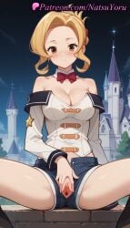 1girls ai_generated anime anime_style bare_shoulders blonde_hair blue_shorts blush bow bowtie breasts brown_eyes bust busty castle cleavage clitoris closed_mouth denim denim_shorts detached_collar female female_focus female_only folded_ponytail forehead hentai kono_subarashii_sekai_ni_shukufuku_wo! labia_minora large_breasts long_sleeves looking_at_viewer luna_(konosuba) medium_breasts natsuyoru night night_sky no_panties off-shoulder_shirt off_shoulder open_fly outdoors presenting pussy pussy_lips pussy_peek red_bow red_bowtie shirt short_shorts shorts sitting sky smile solo solo_female spread_legs spread_pussy strapless thighs uncensored vagina voluptuous voluptuous_female vulva white_shirt