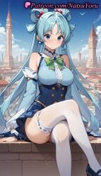 1girls ai_generated anime anime_style aqua_(konosuba) aqua_hair bangs bare_shoulders bird blue_eyes blue_footwear blue_hair blue_shirt blue_skirt blue_sky blush bow bowtie breasts brooch building bust busty castle closed_mouth clothing cloud crossed_legs day detached_sleeves earrings female female_focus female_only frills green_bow green_bowtie hair_bobbles hair_intakes hair_ornament hair_rings hentai high_heels jewelry kono_subarashii_sekai_ni_shukufuku_wo! large_breasts legwear long_hair long_sleeves looking_at_viewer medium_breasts miniskirt natsuyoru outdoors panties parted_bangs pleated_skirt shirt shoes single_hair_ring sitting skirt sky sleeveless_shirt smile solo solo_female thighhighs thighs tied_hair underbust underwear very_long_hair voluptuous voluptuous_female white_panties white_thighhighs zettai_ryouiki