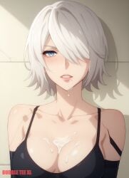 ai_generated anime_style blue_eyes blush breasts cum hair_over_one_eye looking_at_viewer nier nier:_automata white_hair yorha_a2