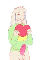 1boy anthro archie_(artist) asriel_dreemurr balls fur genitals happy heart_symbol hi_res humanoid humanoid_genitalia humanoid_penis male male_only penis ralsei_is_not_asriel simple_background solo undertale_(series) white_body white_fur