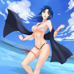 axia-chan belly blue_hair breasts ciel_(tsukihime) curvy curvy_figure day daytime elesia_(tsukihime) large_breasts long_hair looking_at_viewer michael_roa_valdamjong micro_bikini ocean open_mouth possessed possession red_eyes sea smile swimsuit thick_thighs tsukihime tummy underboob vampire vampire_girl white_swimsuit wide_hips