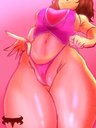 1girls armpits artist_name artist_signature belly_button big_thighs bottom_heavy breasts brock903 brown_hair eyes_out_of_frame freckles freckles_on_face freckles_on_thighs g-string half-dressed half_naked low-angle_view midriff mii no_legwear oc petite_female pink_background pink_panties puffy_pussy pussy pussy_lips pussy_peek self_upload short_hair shortstack shoulders sideboob smug_smile solo solo_female solo_focus tomodachi_life