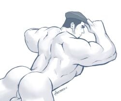 1boy ass ass_focus back_muscles bara broad_shoulders cliff_(pokemon) facial_hair gay goatee_stubble hat hat_tip helbai highres lying male_focus male_only monochrome muscular muscular_male nipples nude on_stomach pokemon pokemon_go sideburns_stubble signature simple_background stubble team_go_rocket testicles thick_eyebrows white_background