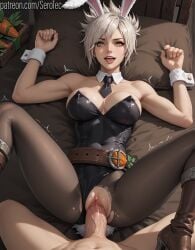 1female 1girls 2d abs ai_generated athletic athletic_female battle_bunny_riven bunny_ears bunnysuit detailed_female female fit fit_female girl hi_res high_resolution highres league_of_legends missionary missionary_position muscular muscular_female orange_eyes pony_diffusion_xltasy riven serotec short_hair spiky_hair straight toned tongue_out vaginal_penetration vaginal_penetration vaginal_sex white_hair