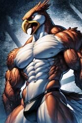 abs after_transformation ai_generated anthro athletic athletic_anthro athletic_male avian beak biceps big_muscles bird clothed clothing falcon falconid feathers growth huge_muscles male muscle_growth muscular muscular_anthro muscular_arms muscular_legs muscular_male muscular_thighs navel nipples pecs ripped_muscles solo standing steroids tail_feathers triceps underwear veiny_arms veiny_biceps veiny_muscles yellow_beak